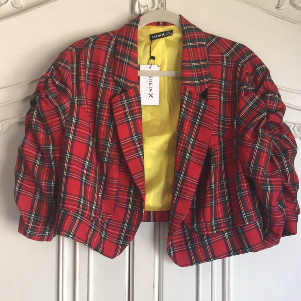 NEW plus size Tartan plaid blazer coat 2x yellow red